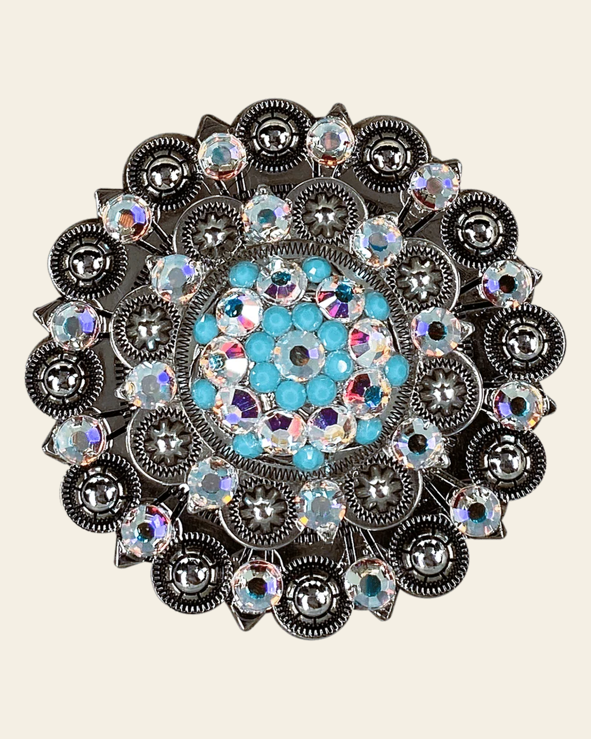 Turquoise & AB Antique Silver Berry Jacket European Crystal on a warm cream background
