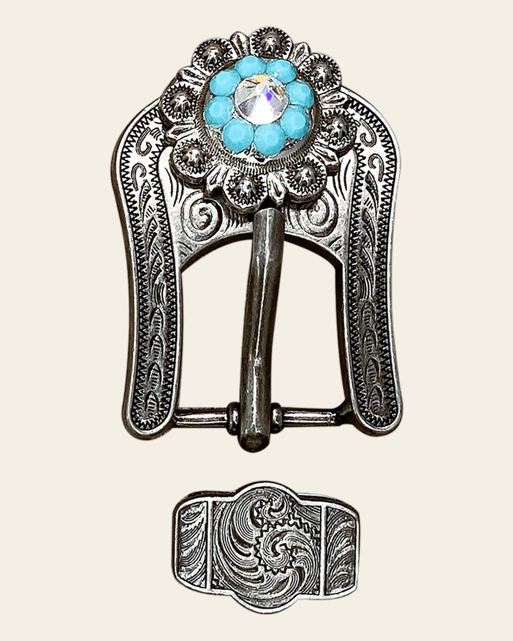 Turquoise & AB Antique Silver European Crystal Buckle Keeper Set on a warm cream background