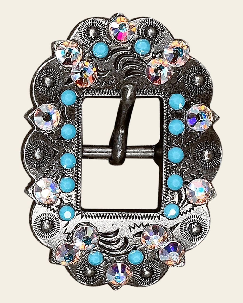 Turquoise & AB Antique Silver European Crystal Cart Buckle on a warm cream background