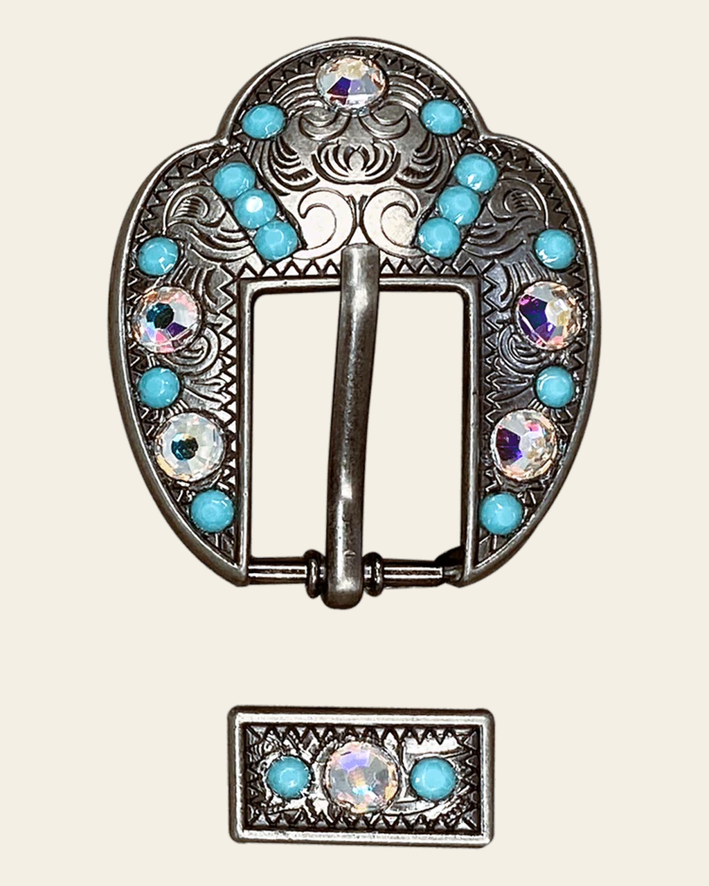 Turquoise & AB Antique Silver European Crystal Fancy Buckle on a warm cream background