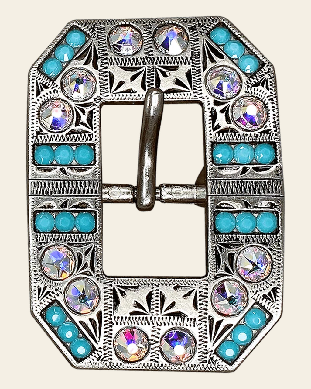 Turquoise & AB Antique Silver European Crystal Square Cart Buckle on a warm cream background