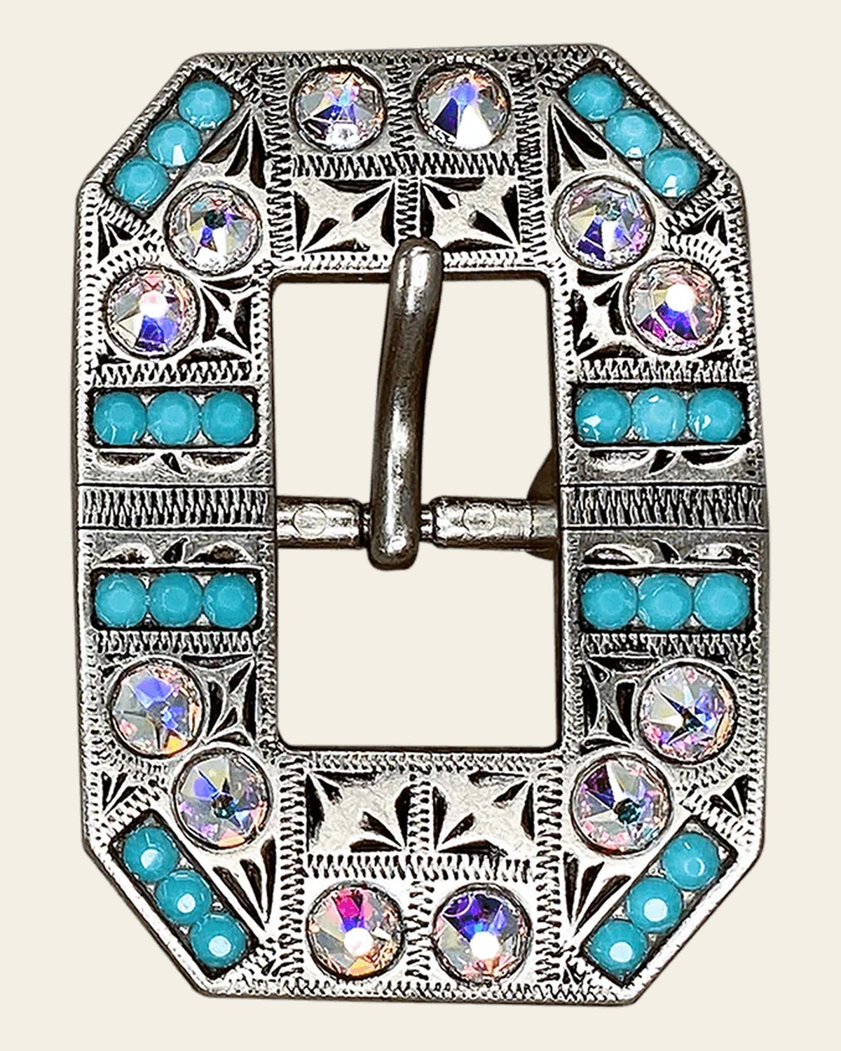 Turquoise & AB Antique Silver European Crystal Square Cart Buckle on a warm cream background
