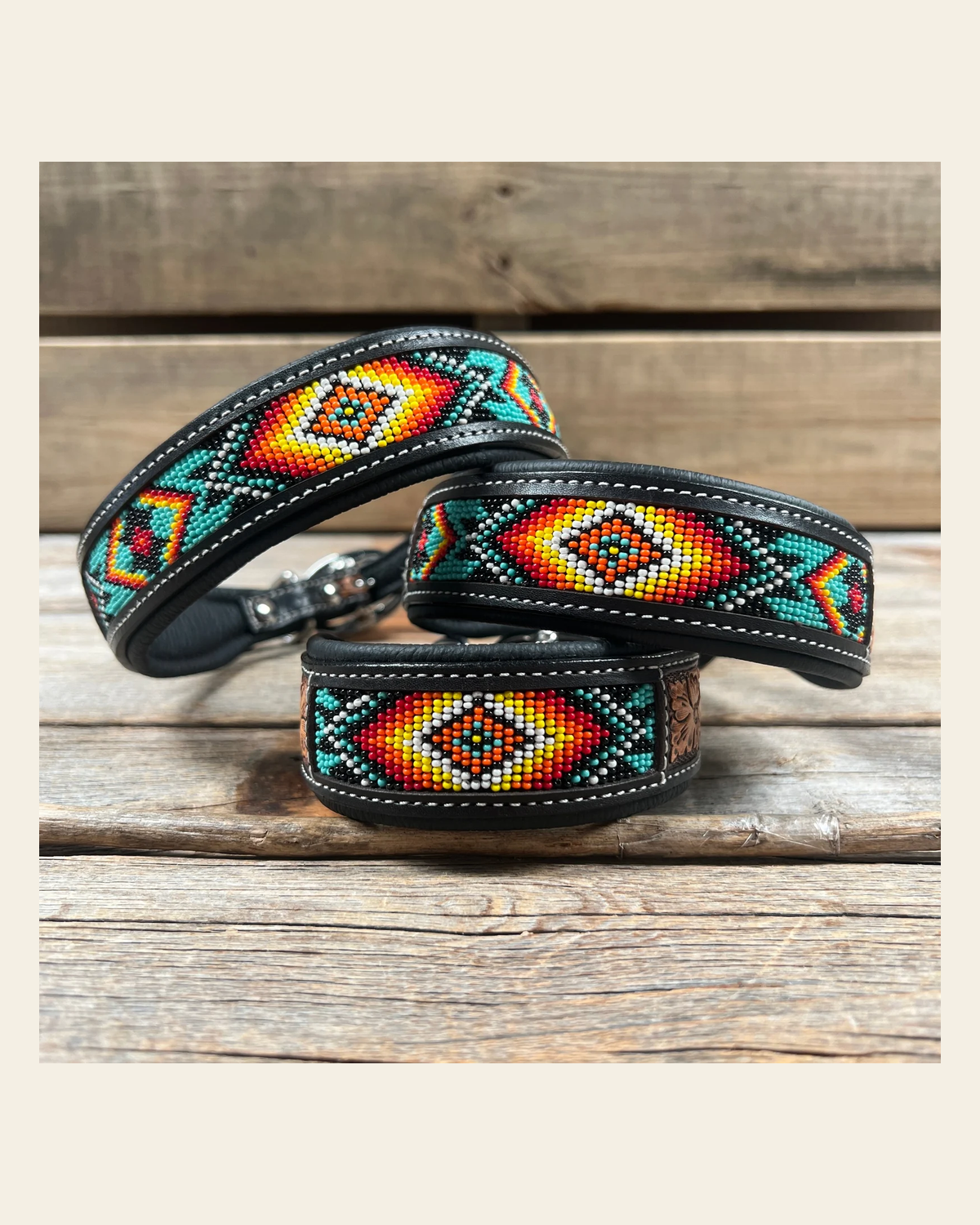 Tooled Turquoise and Black Genuine Leather Beaded Dog Collar #DC448 on a warm cream background