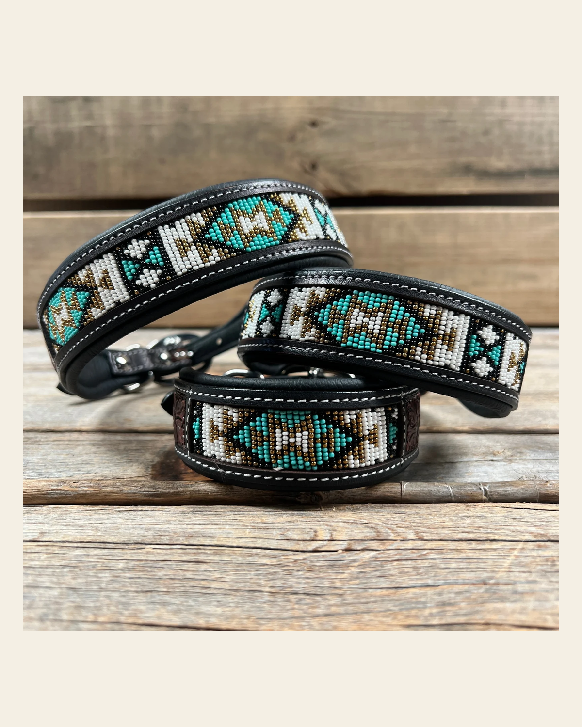 Tooled Turquoise and Gold Genuine Leather Beaded Dog Collar #DC449 on a warm cream background