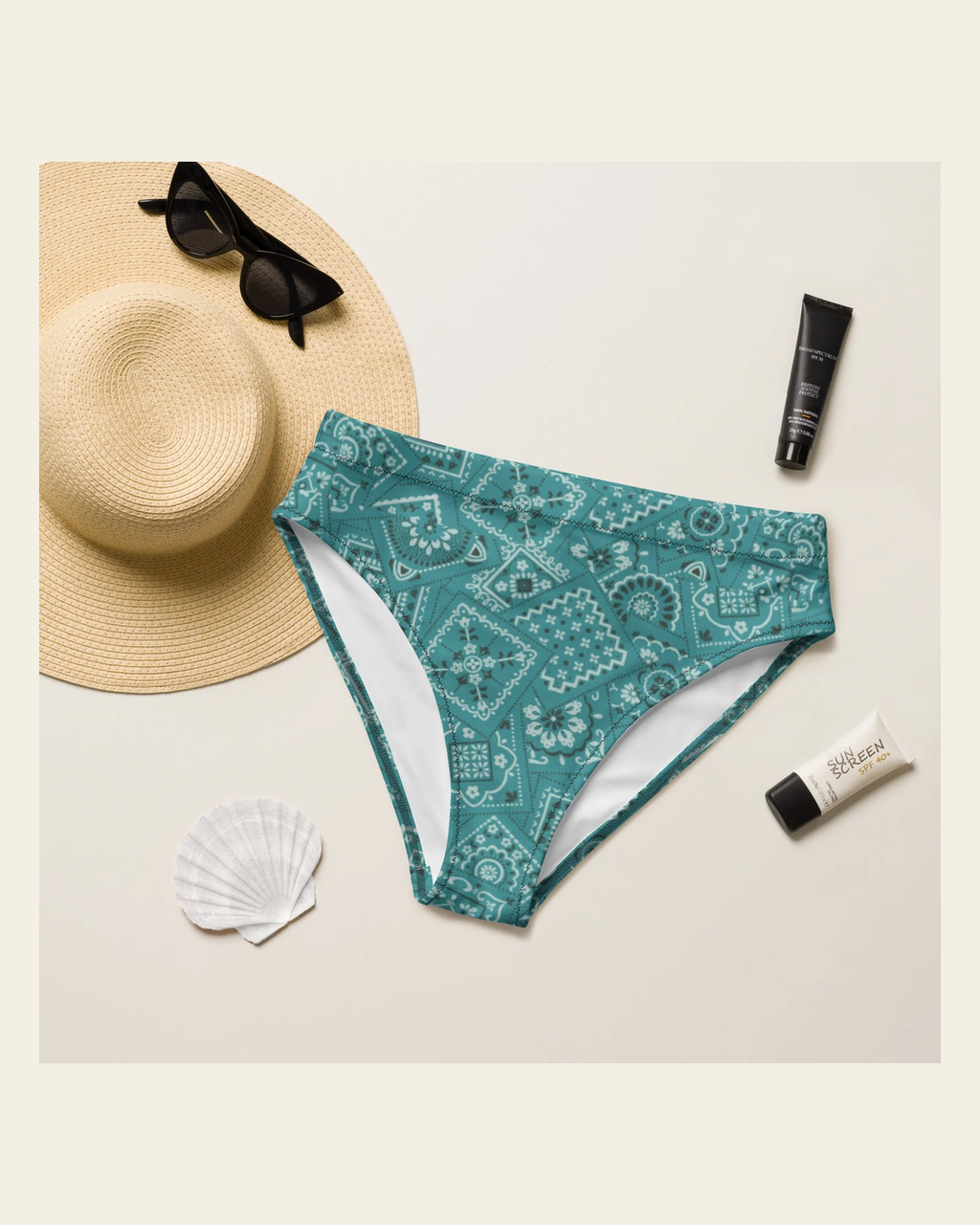 Turquoise Bandana Print Bikini Bottom on a warm cream background