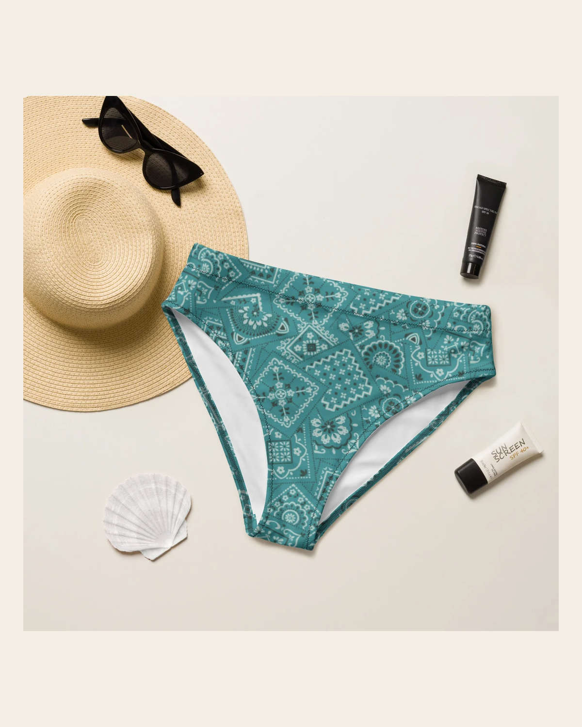 Turquoise Bandana Print Bikini Bottom on a warm cream background