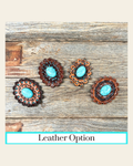 Turquoise Cabochon Stone - Leather Rosette Options - on a warm cream background