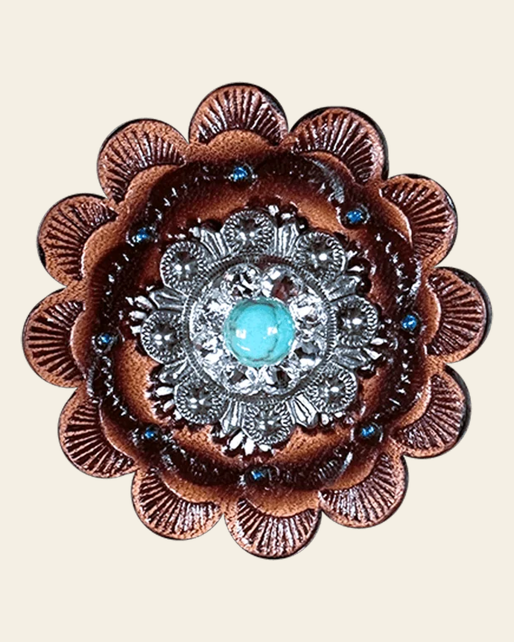 Fashion Turquoise & Clear Antique Silver 1" European Crystal Concho and Leather Rosette on a warm cream background