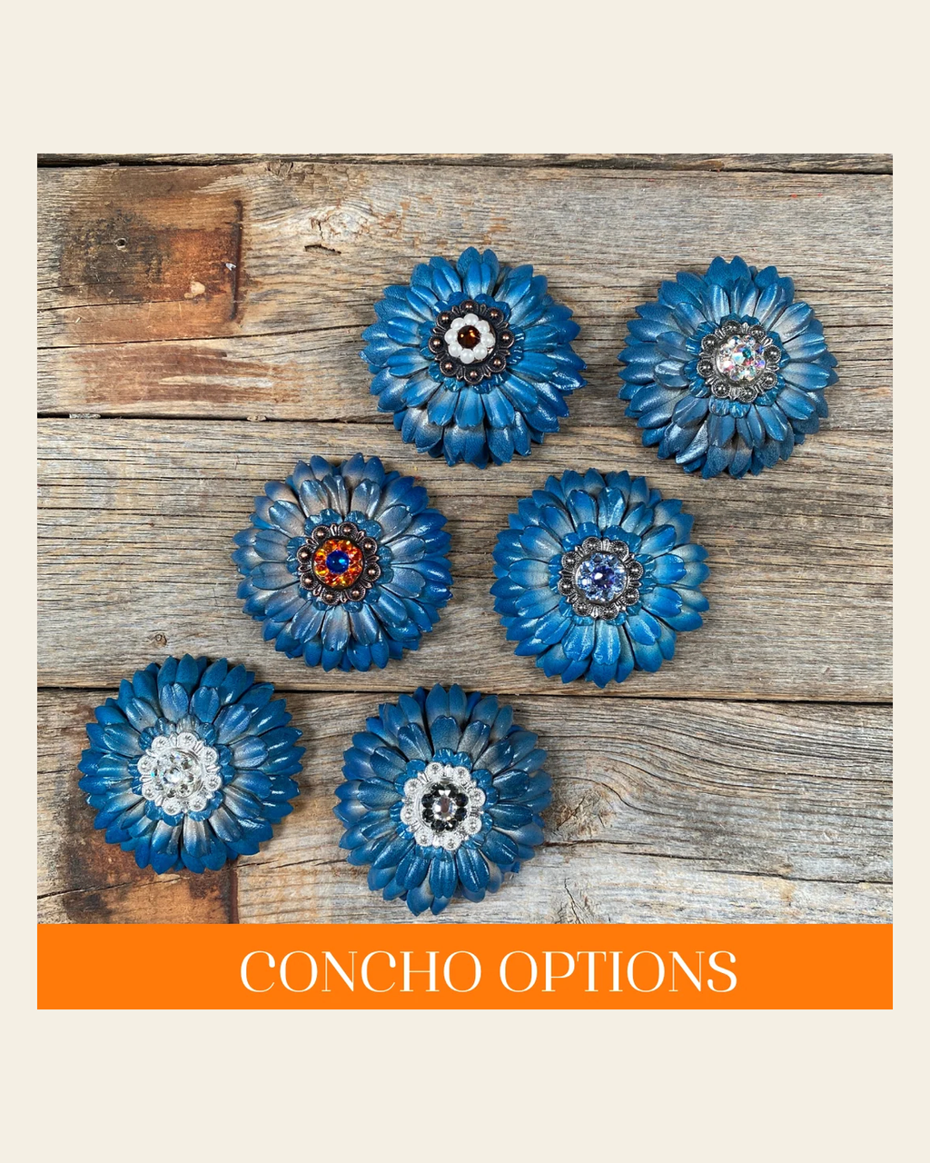 Turquoise Daisy Leather Flowers - 1" Crystal Conchos - Options on a warm cream background