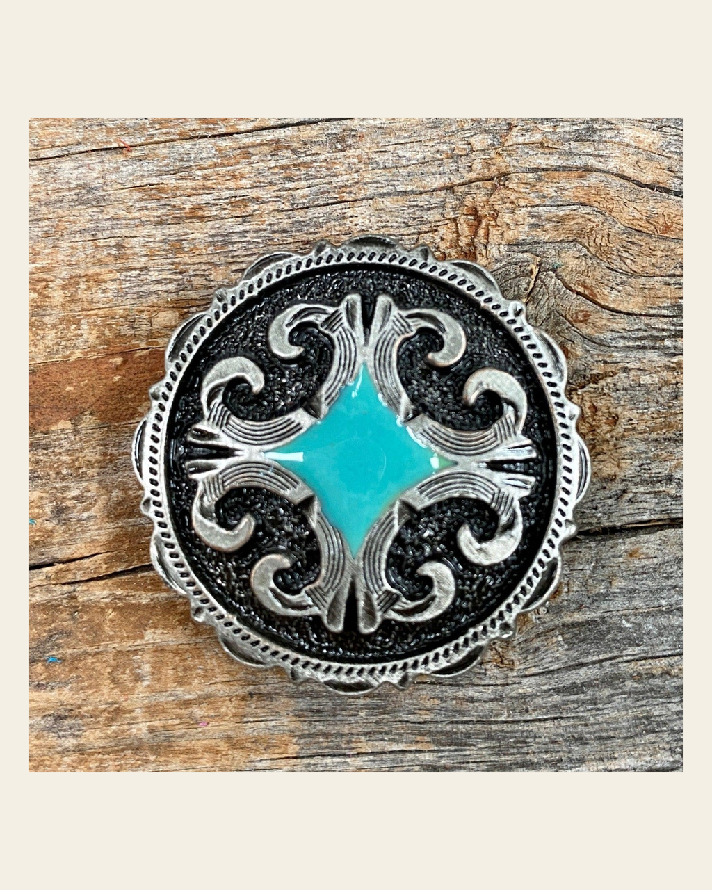Turquoise Diamond Antique Silver 1.5" Concho W148L on a warm cream background
