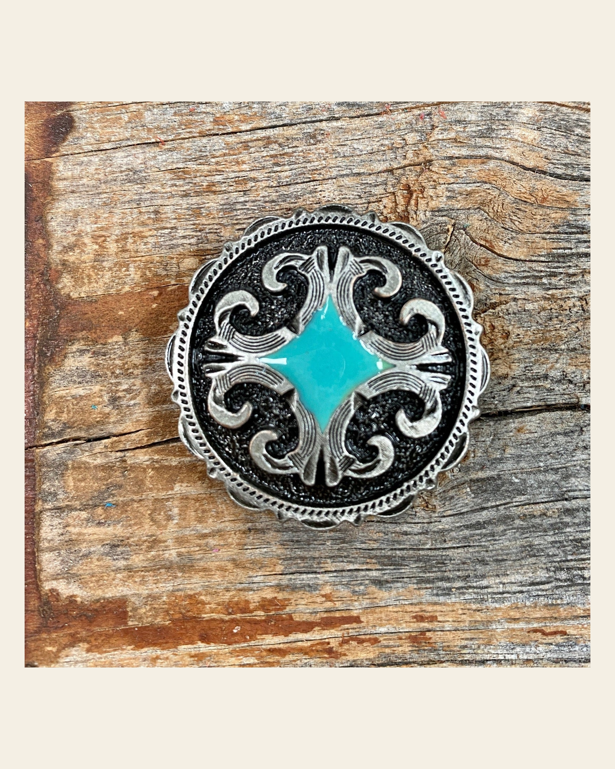 Turquoise Diamond Antique Silver 1" Concho W148S on a warm cream background