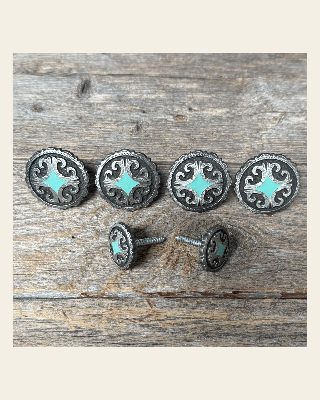 Turquoise Diamond Antique Silver Saddle Set SSW148 on a warm cream background