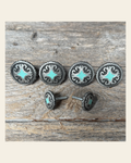 Turquoise Diamond Antique Silver Saddle Set SSW148 on a warm cream background