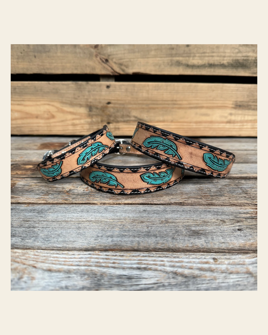 Turquoise Feather Genuine Leather Padded Dog Collar #FKDC4 on a warm cream background
