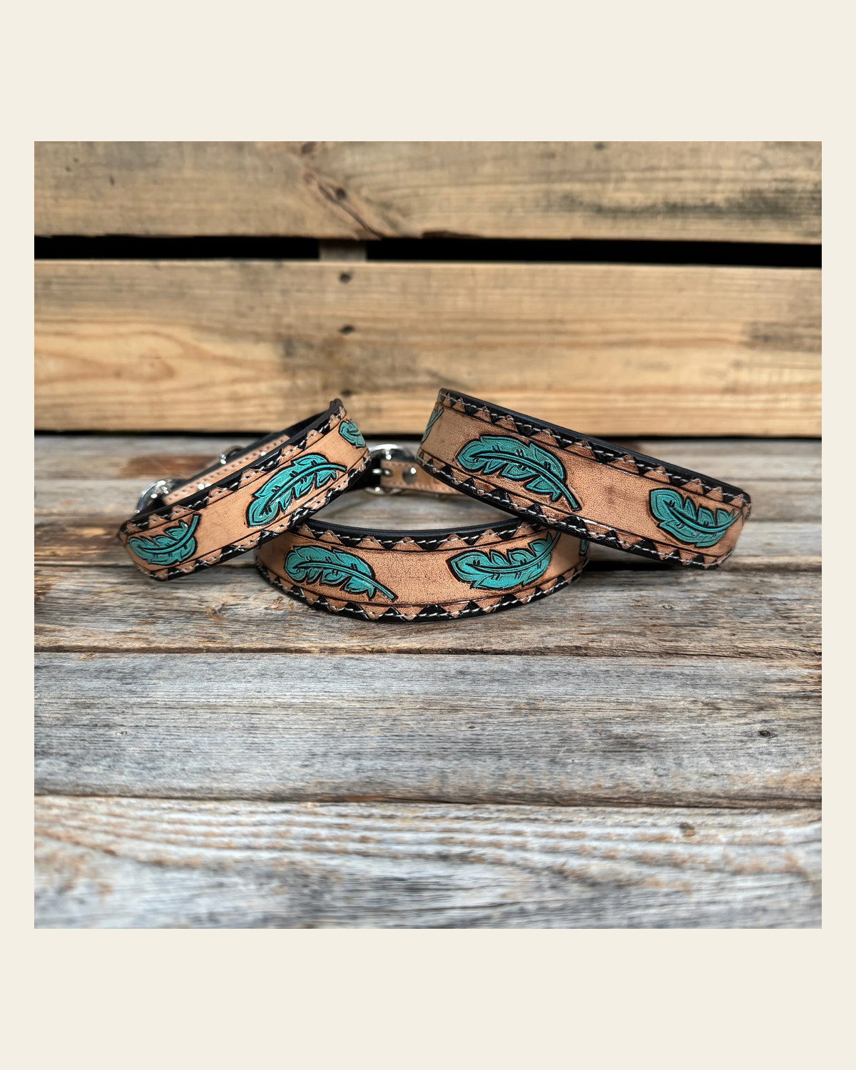 Turquoise Feather Genuine Leather Padded Dog Collar #FKDC4 on a warm cream background