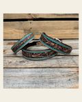 Turquoise Floral Genuine Leather Padded Dog Collar #FKDC1 on a warm cream background
