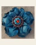Turquoise Gardenia Flower With Copper Fire Opal & Teal 1" Concho on a warm cream background