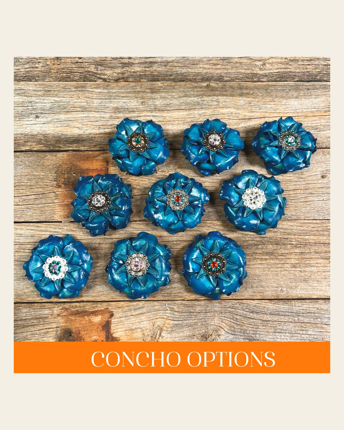 Turquoise Gardenia Leather Flowers - 1" Crystal Conchos - Options on a warm cream background