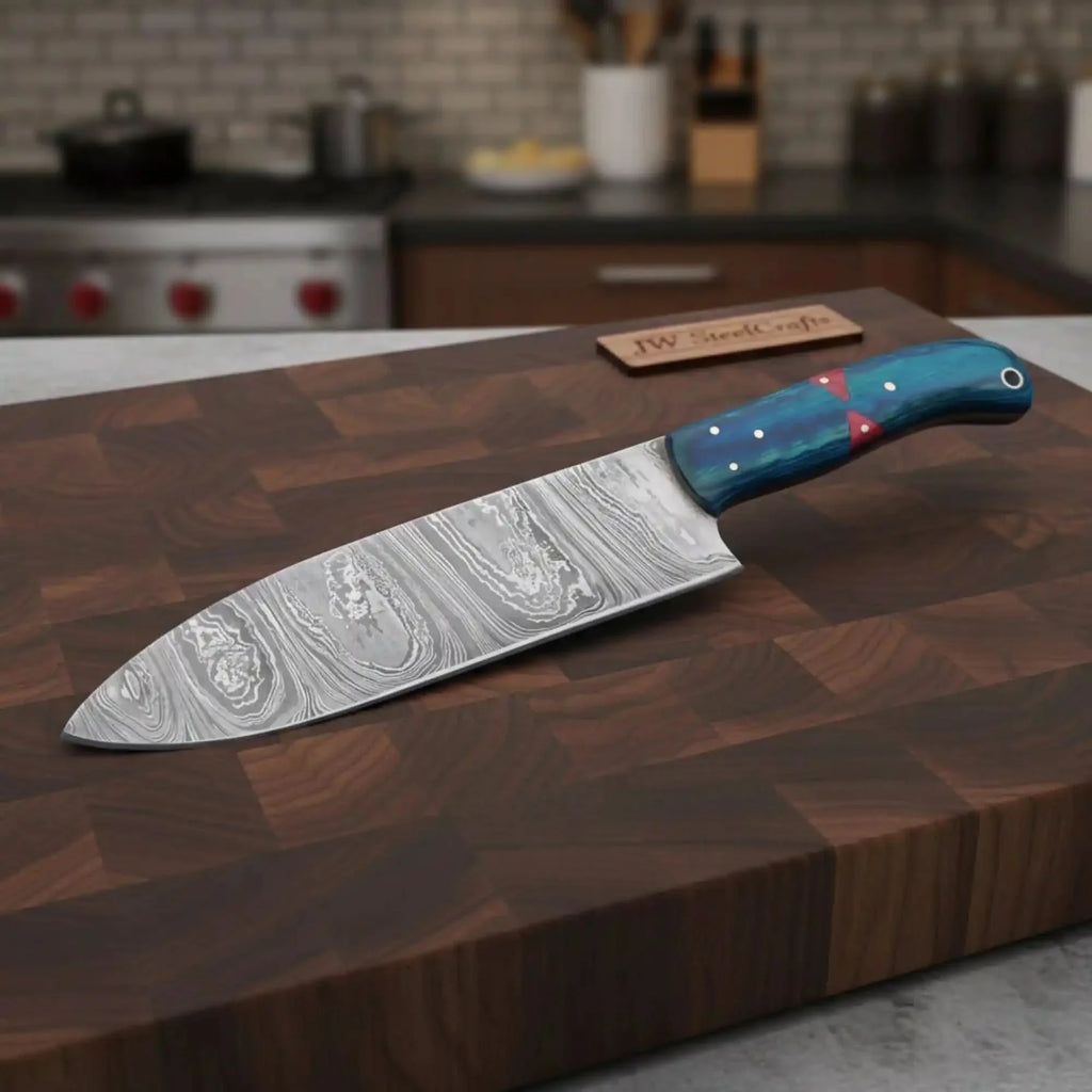 8-Inch Gyuto Chef Knife Twisted Damascus Blade with Blue & Red Pakka Wood Handle (Full Tang, Hand-Forged)
