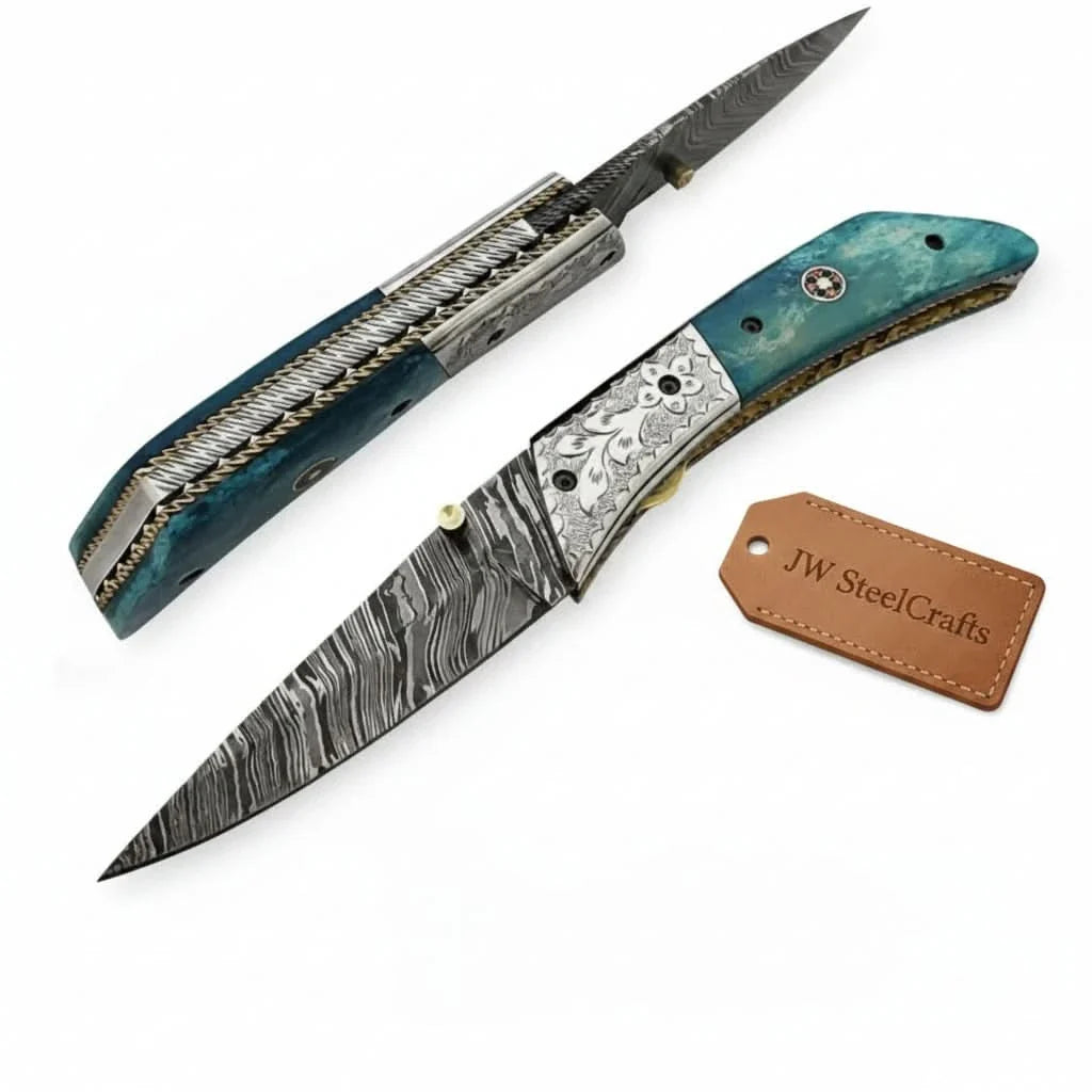 Handmade Damascus Steel Folding Knife with Teal Wood Handle & Engraved Bolster