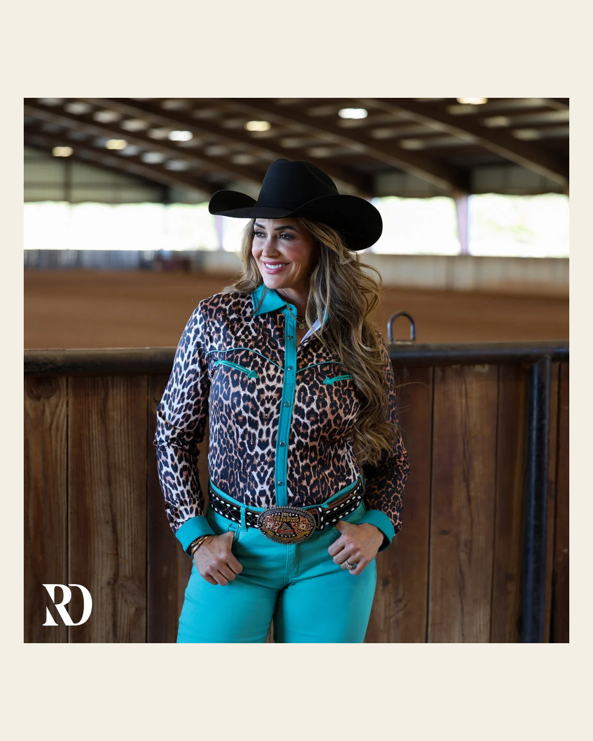Turquoise Leopard Performance Rodeo Shirt on a warm cream background