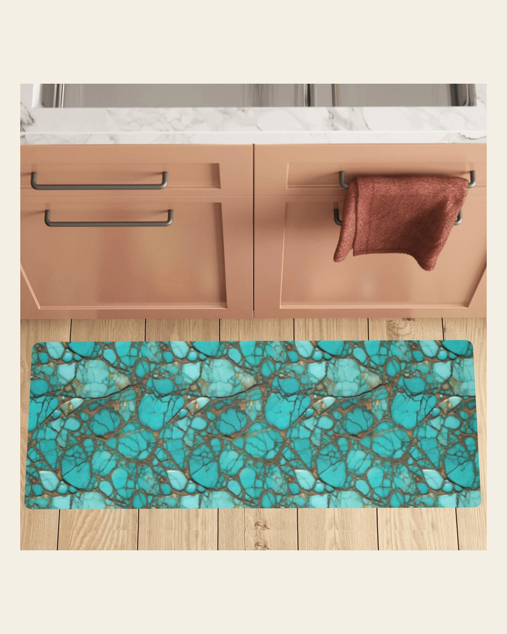 Turquoise Long Kitchen Mat 48"x17" Made in America on a warm cream background