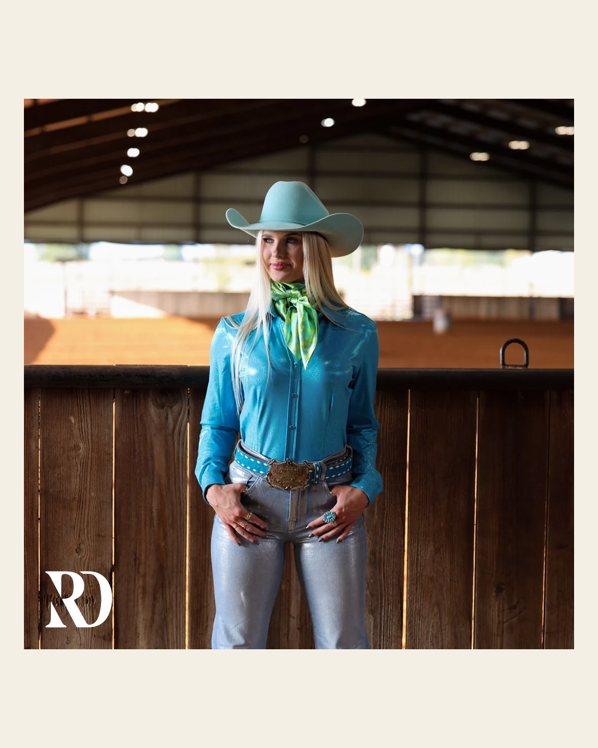 Turquoise Sparkle Performance Rodeo Shirt on a warm cream background