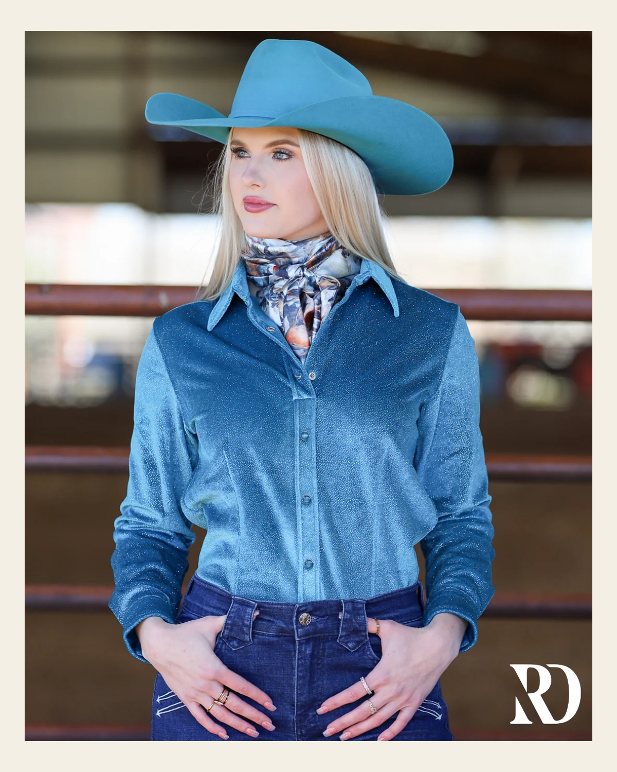 Turquoise Velvet Sparkle Performance Rodeo Shirt on a warm cream background