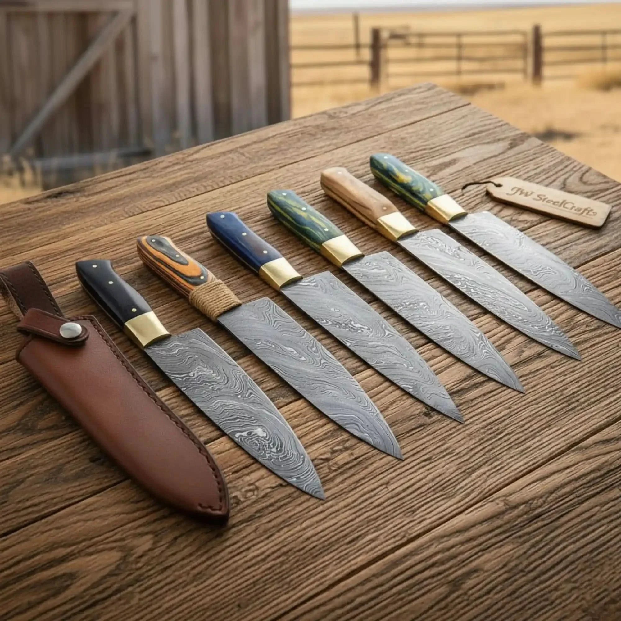 6-Piece Twisted Damascus Chef Knife Set with Multi-Color Handles