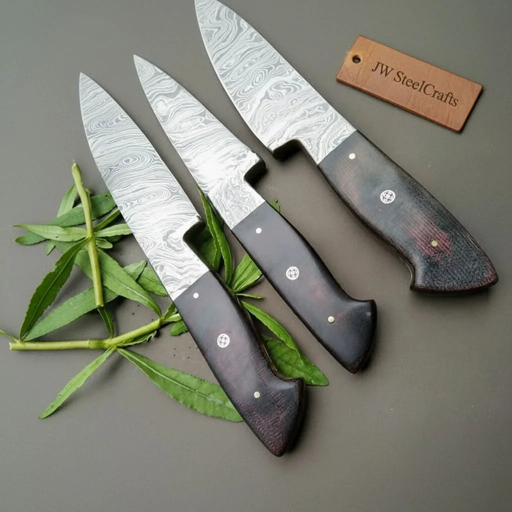 3-Piece Twisted Damascus Knife Set with Black Micarta Handles