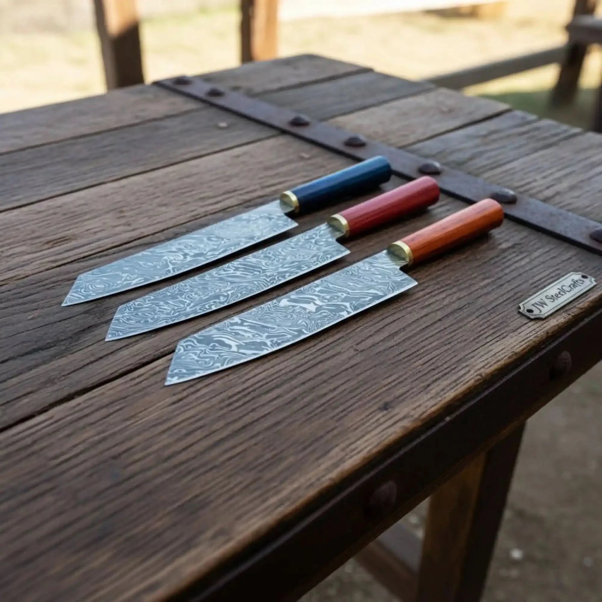 3-Piece Twisted Damascus Knife Set Multicolor Pakka Wood Handles