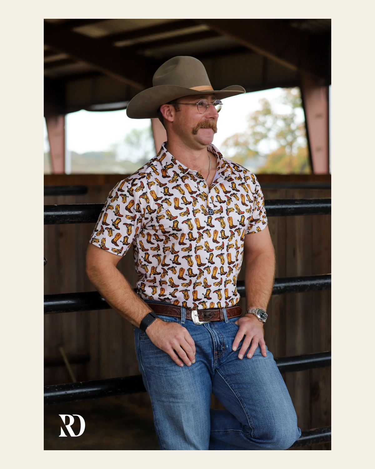 Two Step Men's Performance Polo on a warm cream background