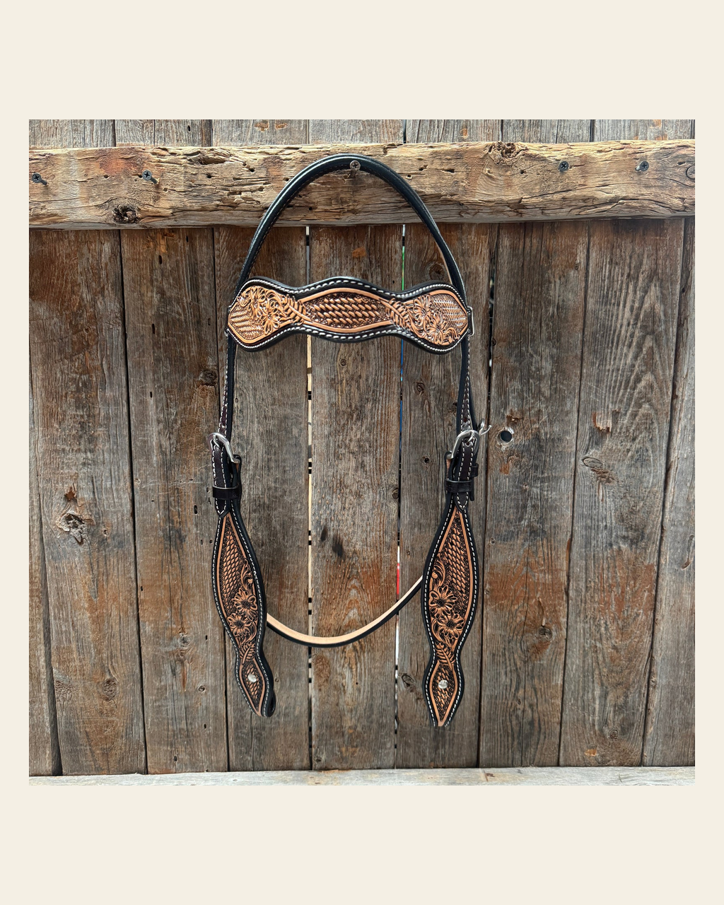 Two Tone Floral and Basketweave Browband Headstall / Bridle #FK400 on a warm cream background