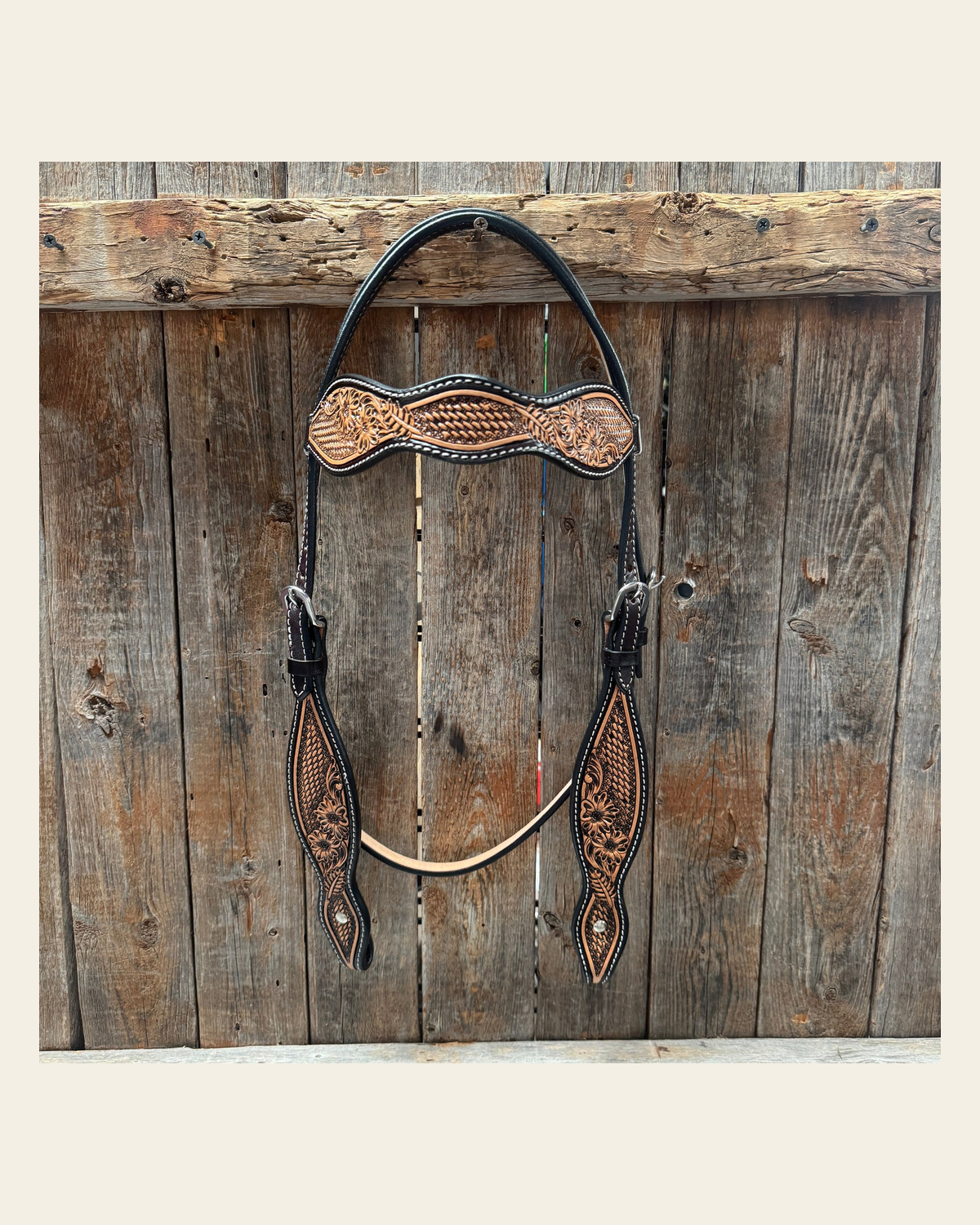 Two Tone Floral and Basketweave Browband Headstall / Bridle #FK400 on a warm cream background
