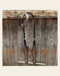 Two Tone Floral and Basketweave One Ear Headstall / Bridle #FK401 on a warm cream background