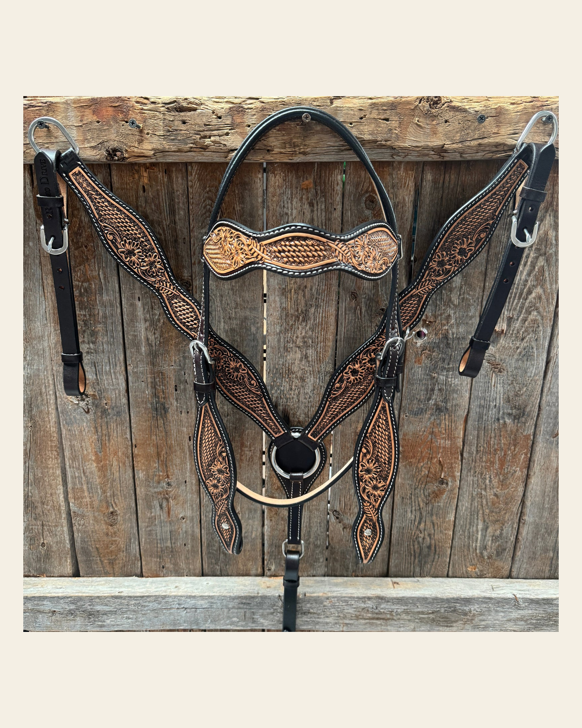 Two Tone Floral and Basketweave Tack Set on a warm cream background