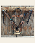 Two Tone Floral and Basketweave Teal, Champagne and Topaz Browband Tack Set #BBBC480 on a warm cream background