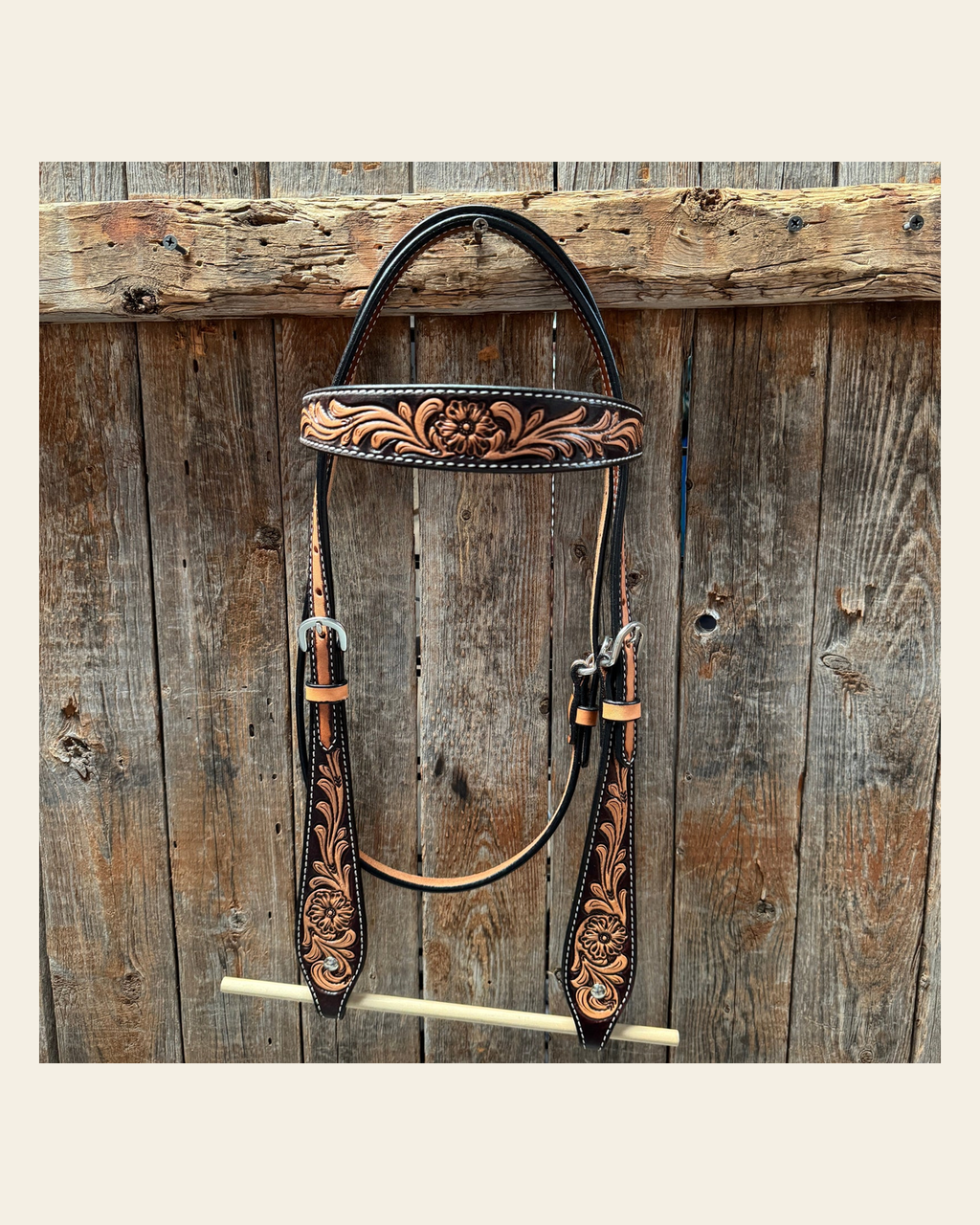 Two Tone Floral Browband Headstall / Bridle #23079 on a warm cream background