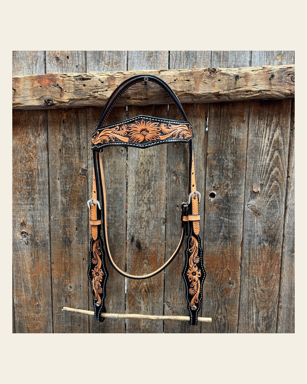 Two Tone Floral Browband Headstall / Bridle #24384 on a warm cream background