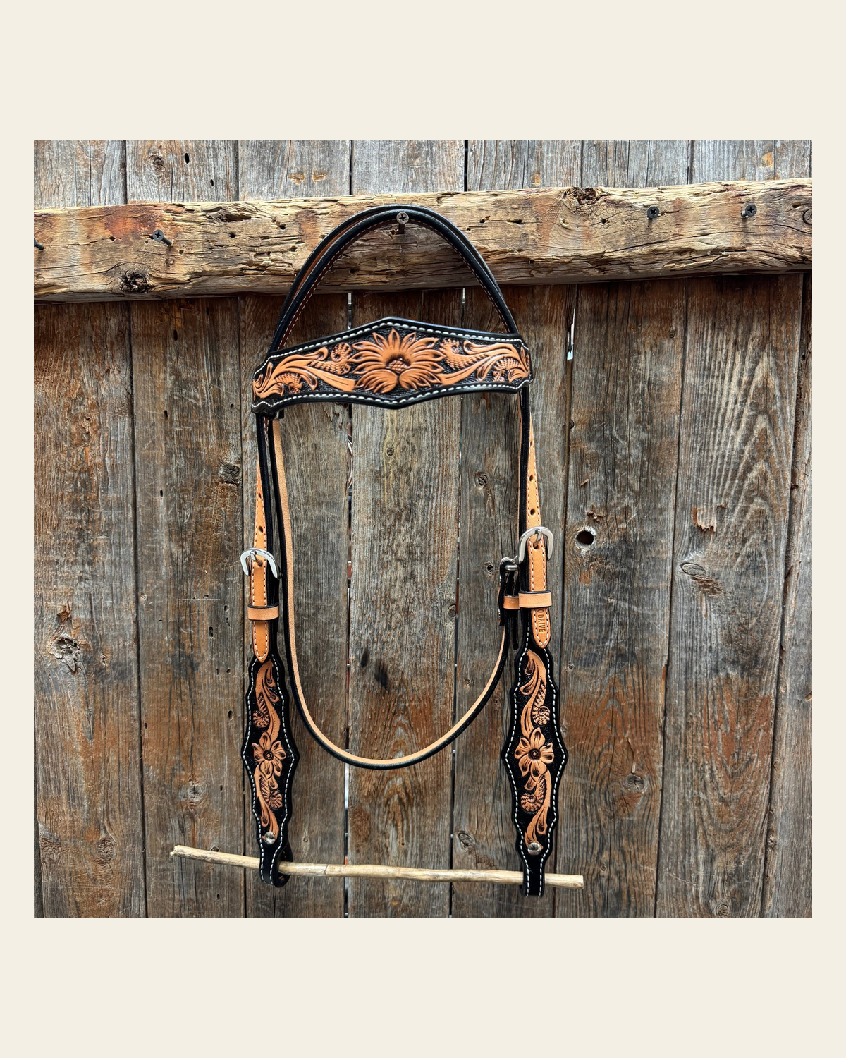 Two Tone Floral Browband Headstall / Bridle #24384 on a warm cream background