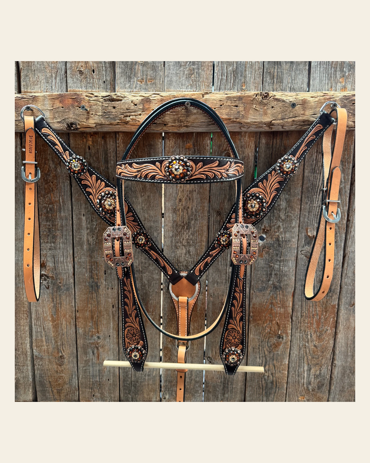 Two Tone Floral Jet, Champagne and Topaz Browband / One Ear Tack Set #BBBC477 on a warm cream background