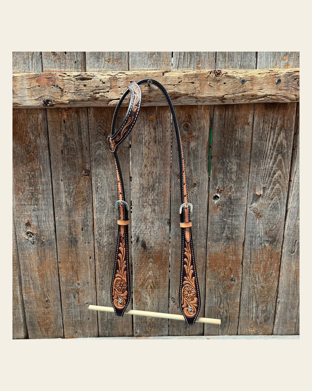 Two Tone Floral One Ear Headstall / Bridle #23080 on a warm cream background