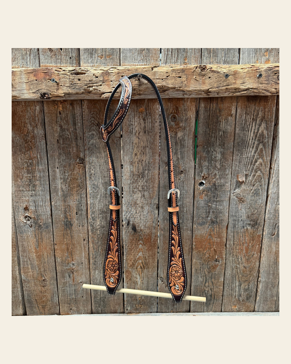 Two Tone Floral One Ear Headstall / Bridle #23080 on a warm cream background