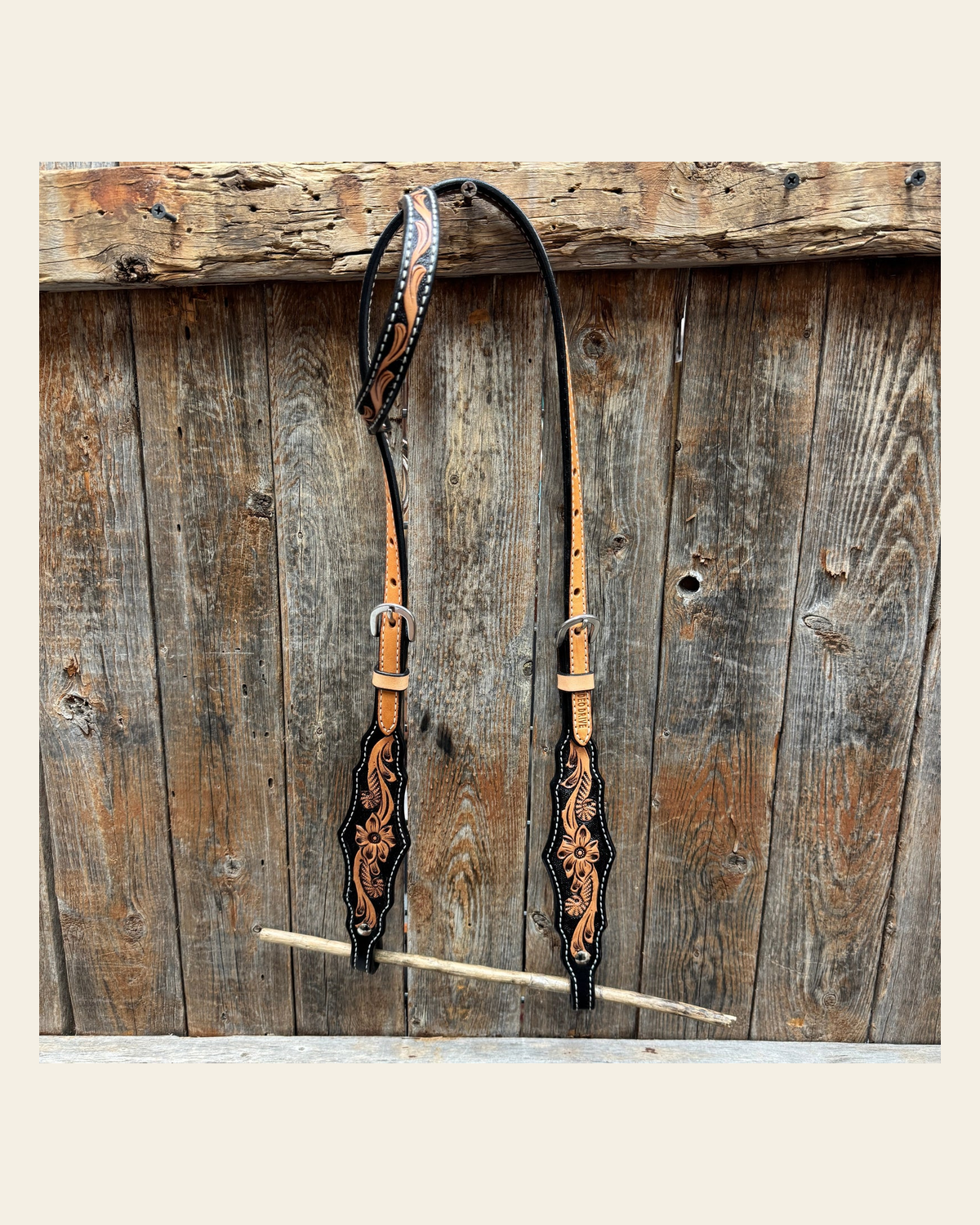 Two Tone Floral One Ear Headstall / Bridle #24385 on a warm cream background