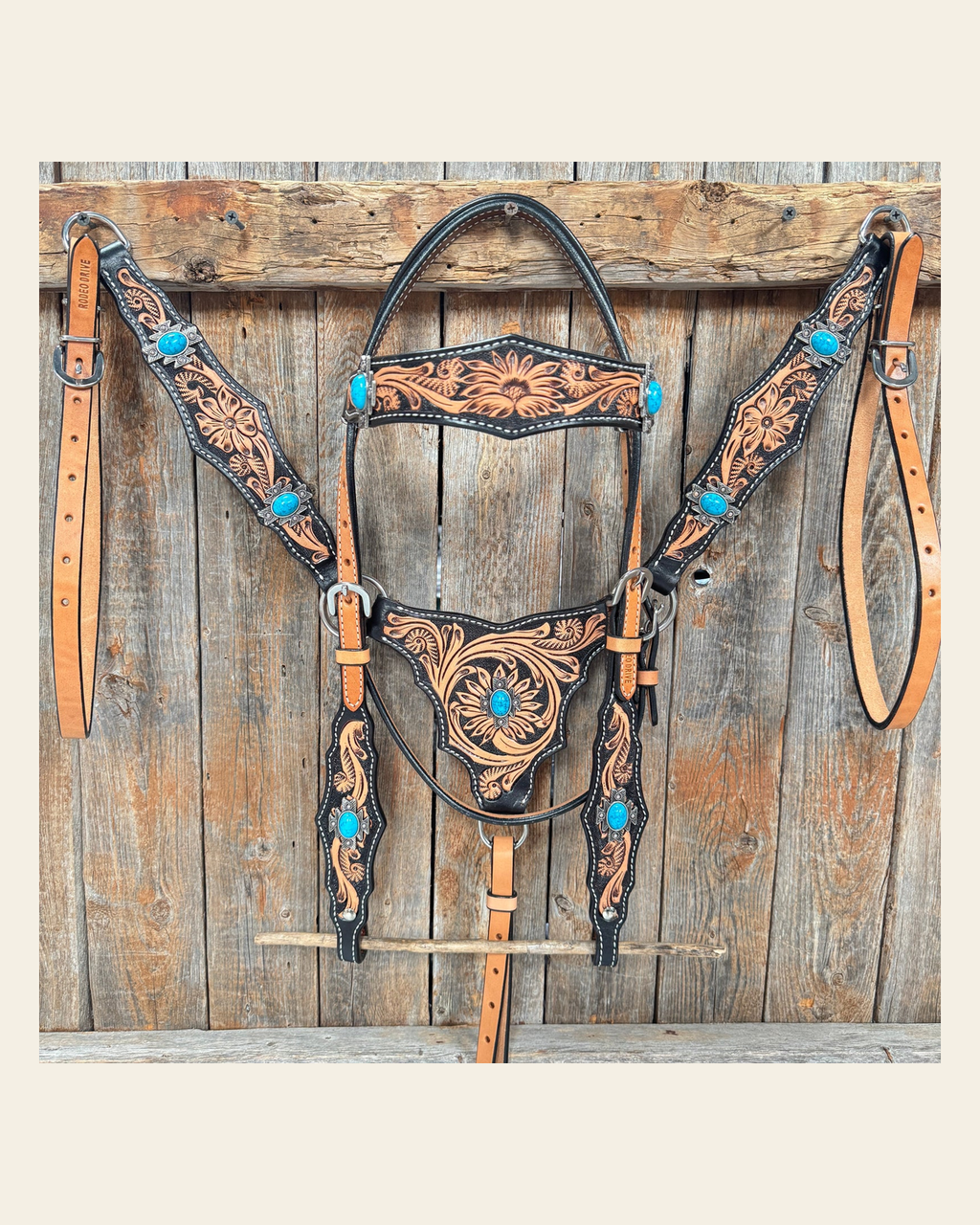Two Tone Floral Triangle Antique Silver Turquoise Browband/One Ear - Triangle/Gladiator Breastcollar Tack Set #OEBC542 on a warm cream background