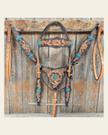 Two Tone Floral Triangle Antique Silver Turquoise Browband/One Ear - Triangle/Gladiator Breastcollar Tack Set #OEBC542 on a warm cream background