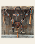 Two Tone Orange and Teal Browband/One Ear - Triangle/Gladiator Breastcollar Tack Set #BBBC670 on a warm cream background