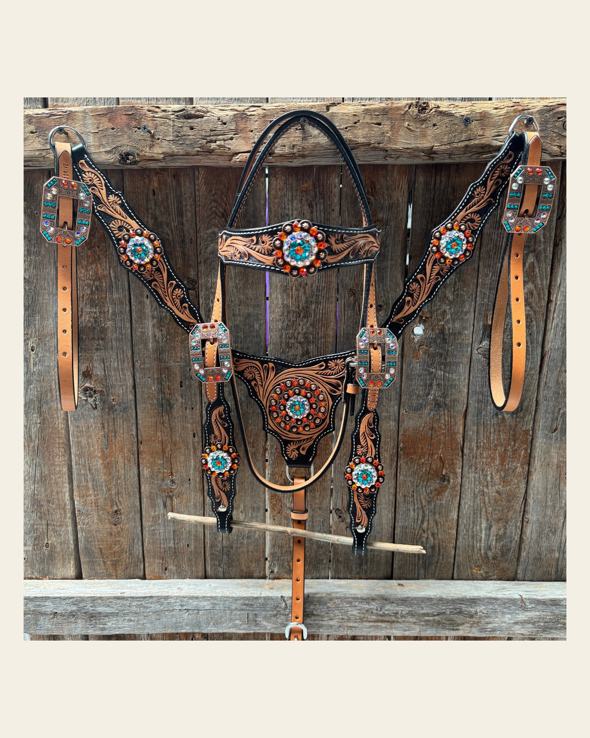 Two Tone Orange and Teal Browband/One Ear - Triangle/Gladiator Breastcollar Tack Set #BBBC670 on a warm cream background