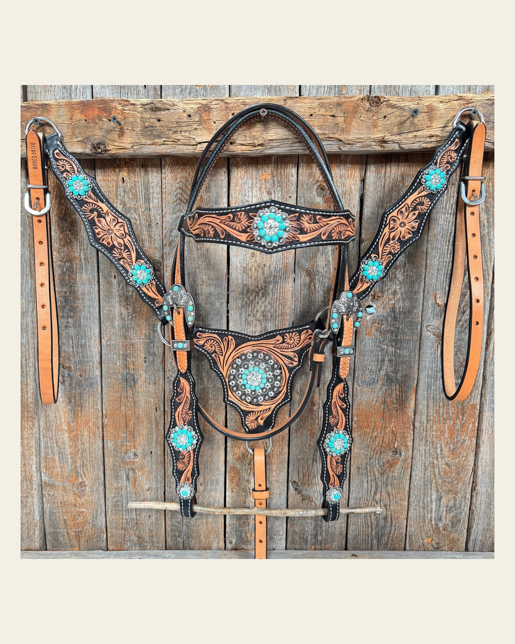 Two Tone Floral Triangle Turquoise and Clear Browband/One Ear - Triangle/Gladiator Breastcollar Tack Set #OEBC509 on a warm cream background