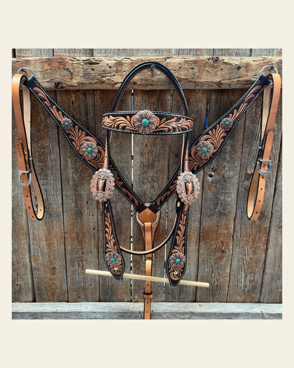 Two Tone Floral Western Turquoise Flower Browband / One Ear Tack Set #BBBC474 on a warm cream background